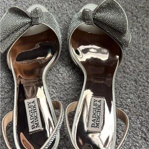 Badgley Mischka Silver Heels with Peep-Toe Design and Ankle Strap